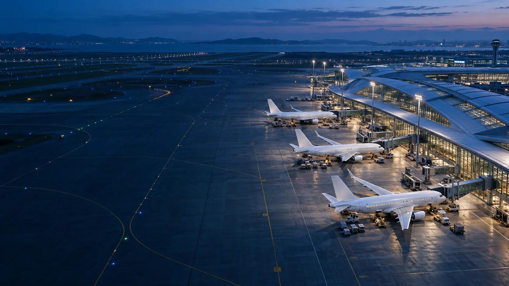 Illustrative aerial airport with aircraft, terminal and taxiways